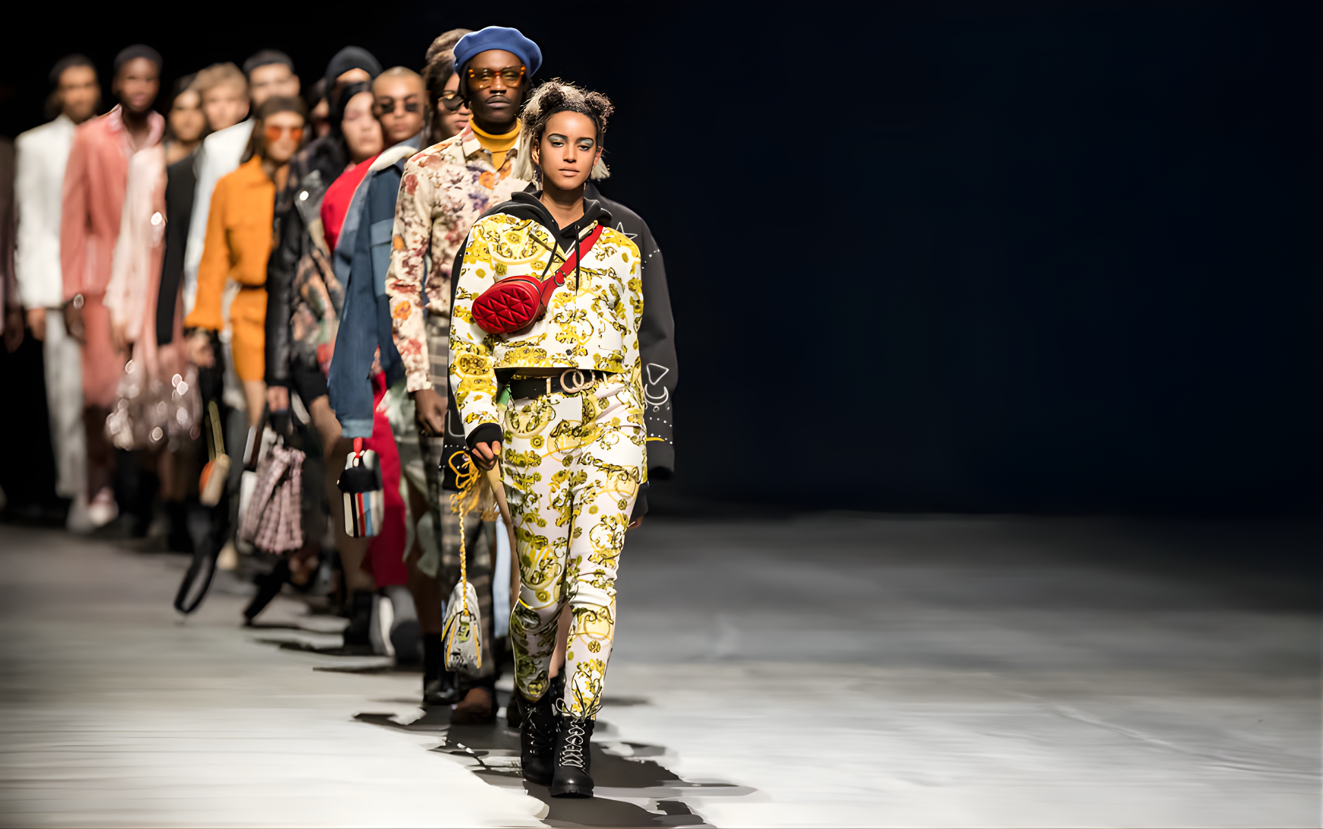 A group of models walk along a catwalk